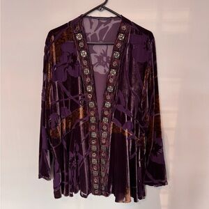 Purple Velvet Kimono with Embellished Trim, Gold highlights